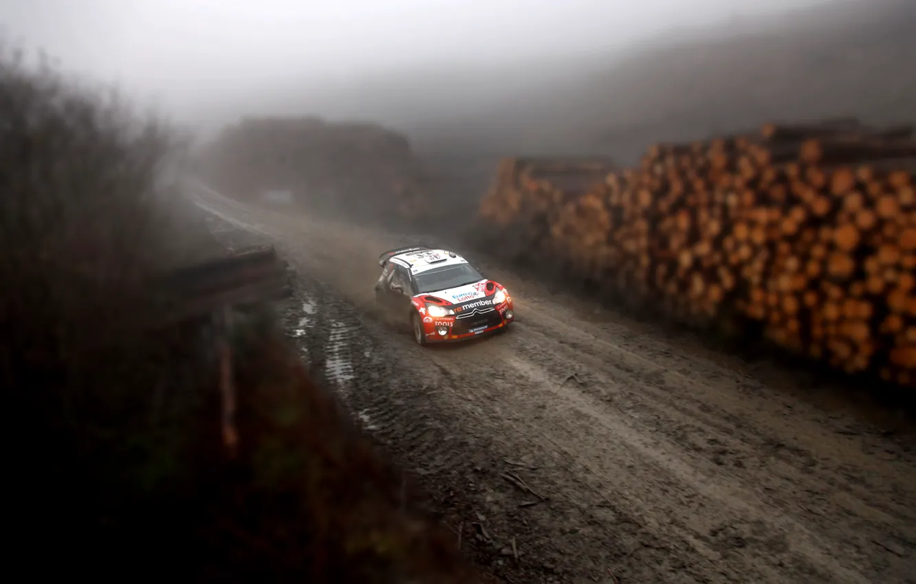 Photo wallpaper Forest, Dirt, Citroen, Lights, Tilt-Shift, DS3, WRC, Rally
