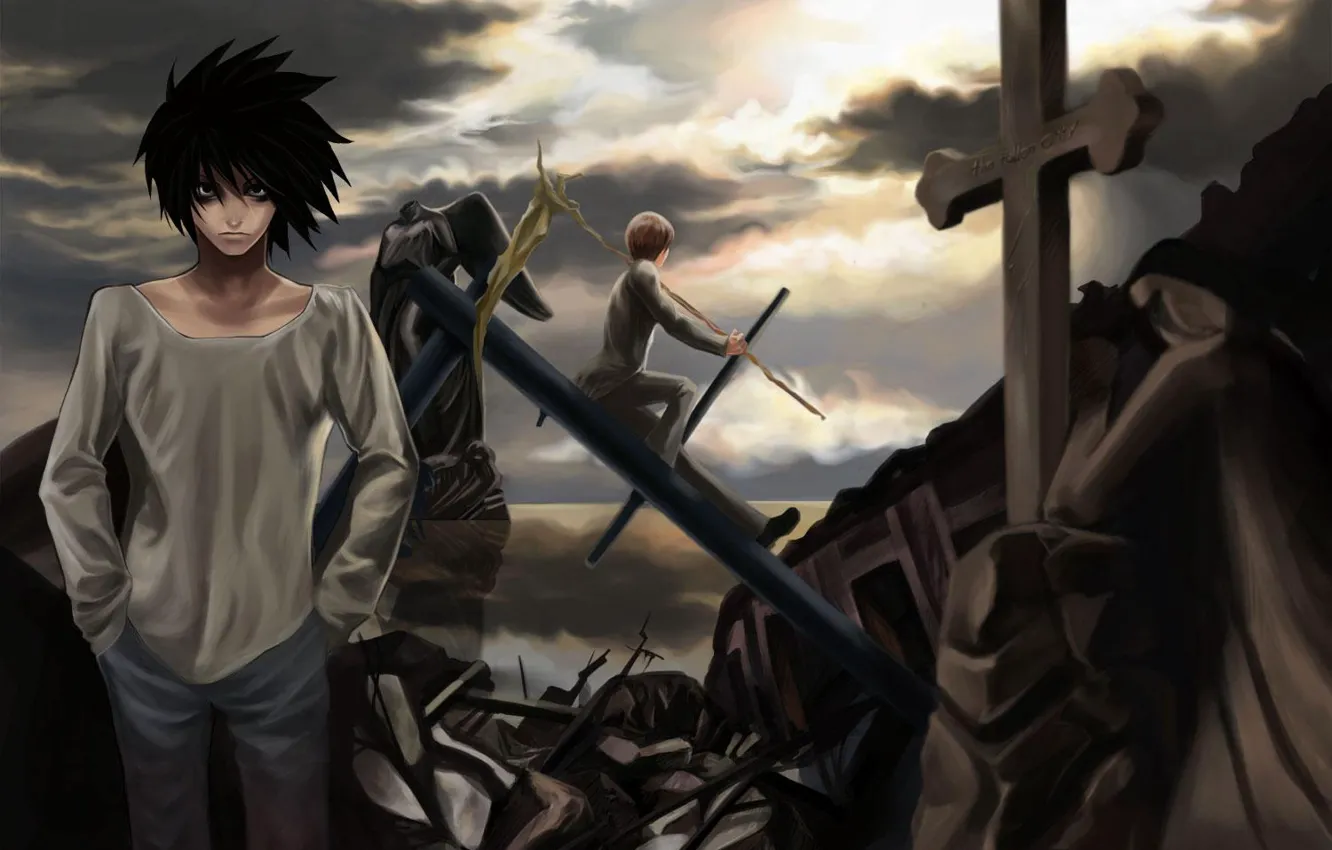 Photo wallpaper the sky, cross, destruction, Yagami, Kira, Death Note, Light, death note