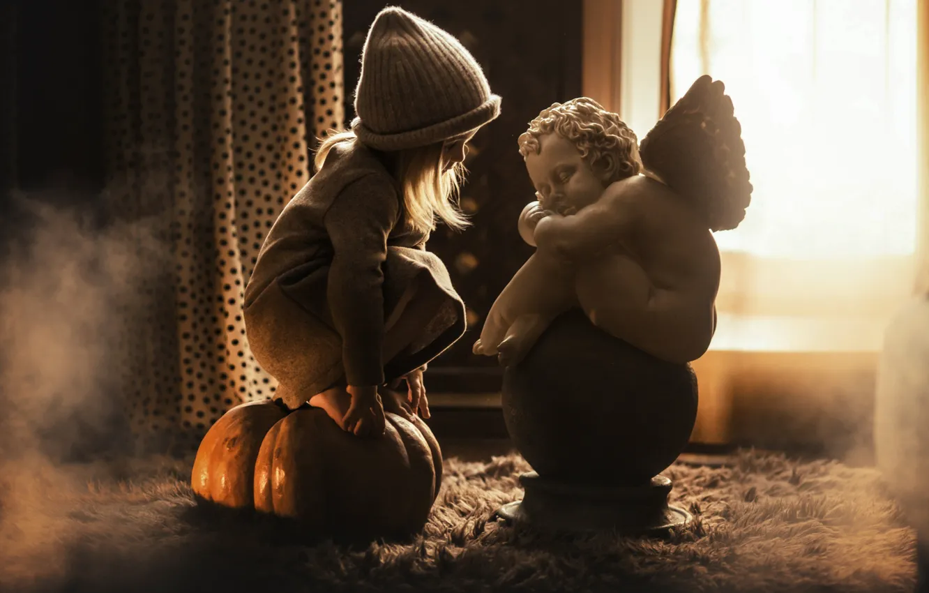 Photo wallpaper hat, angel, girl, pumpkin, sculpture