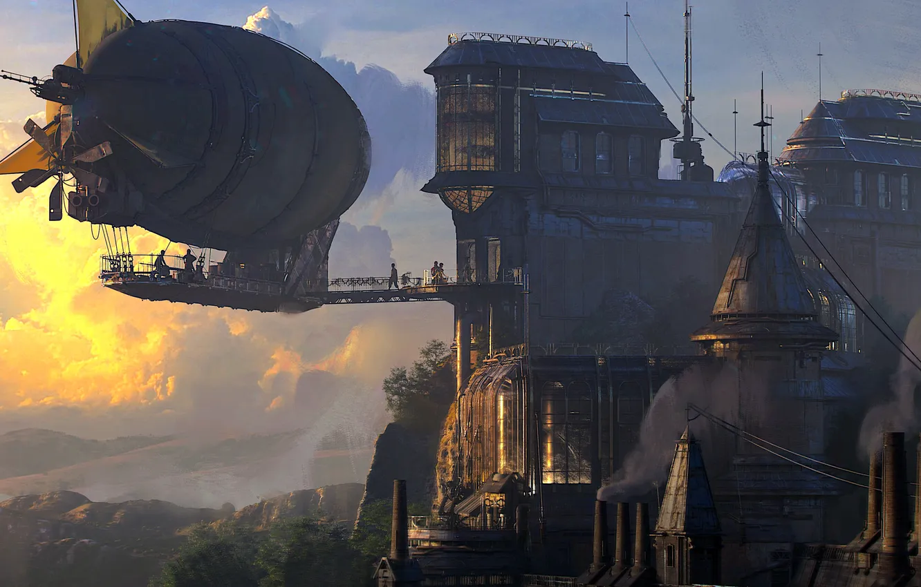 Photo wallpaper fantasy, airship, sky, sunset, science fiction, clouds, sci-fi, steampunk