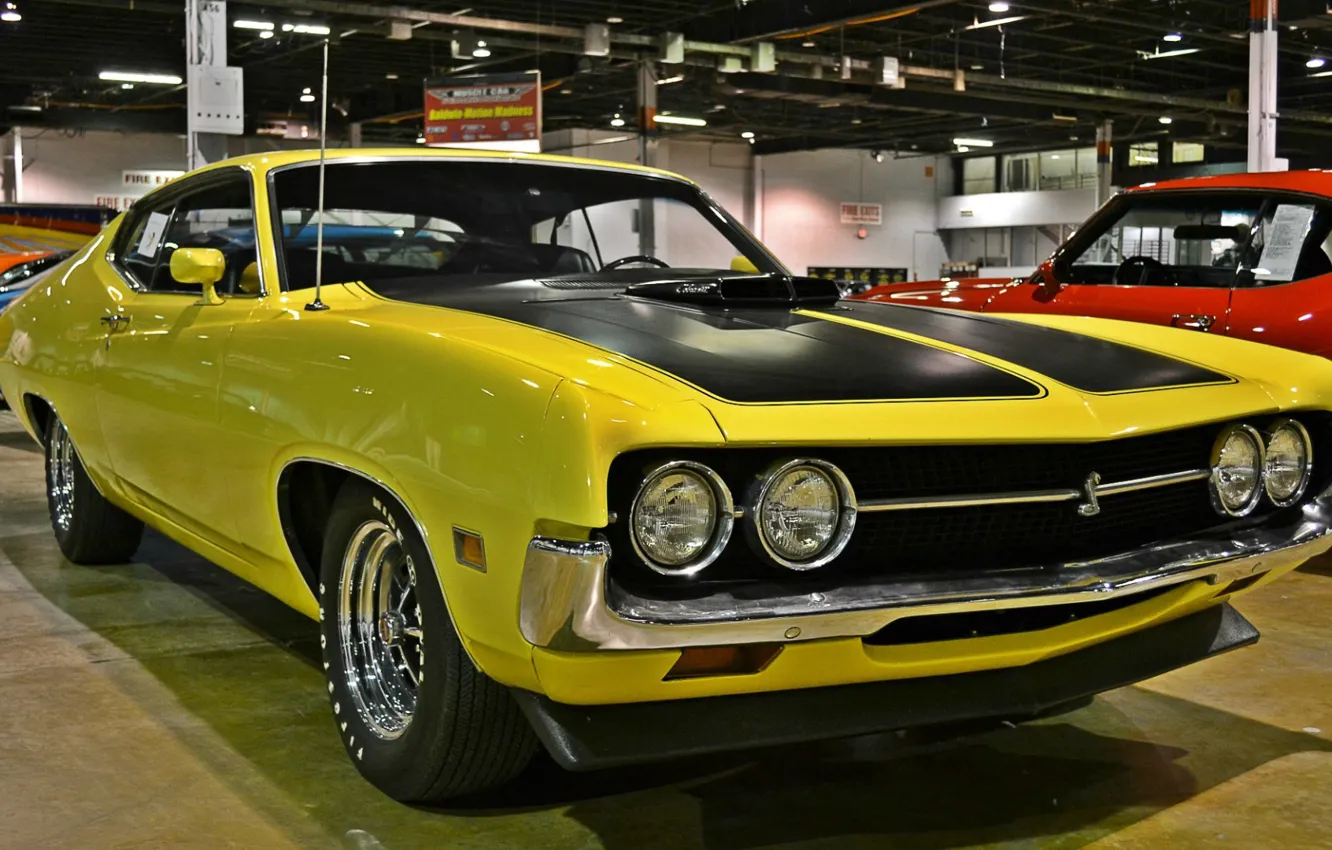 Photo wallpaper ford, line, yellow, muscle car, 1970, classic, gran torino, wheel