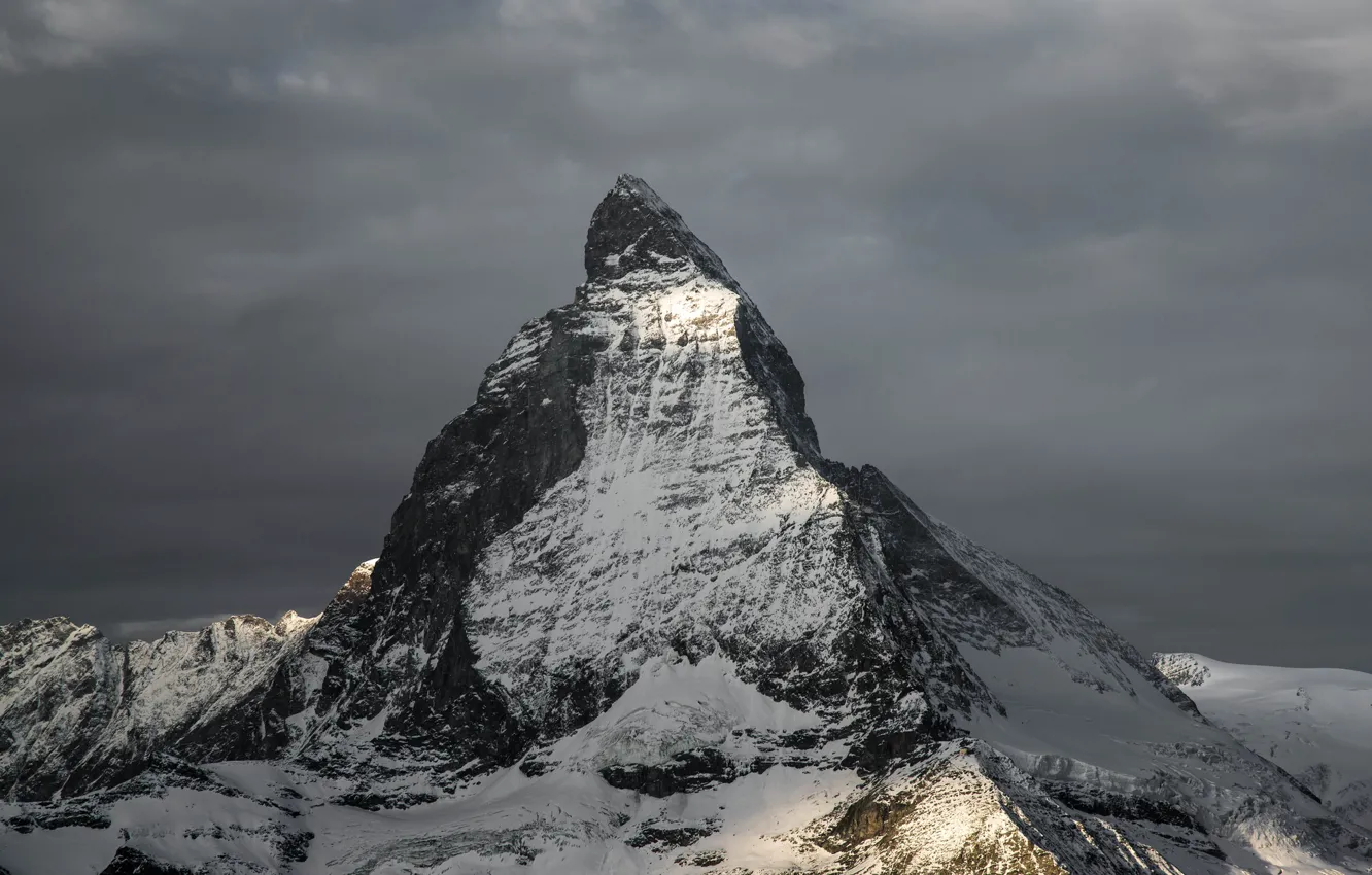 Photo wallpaper snow, mountains, dawn, tops, peak, Matterhorn