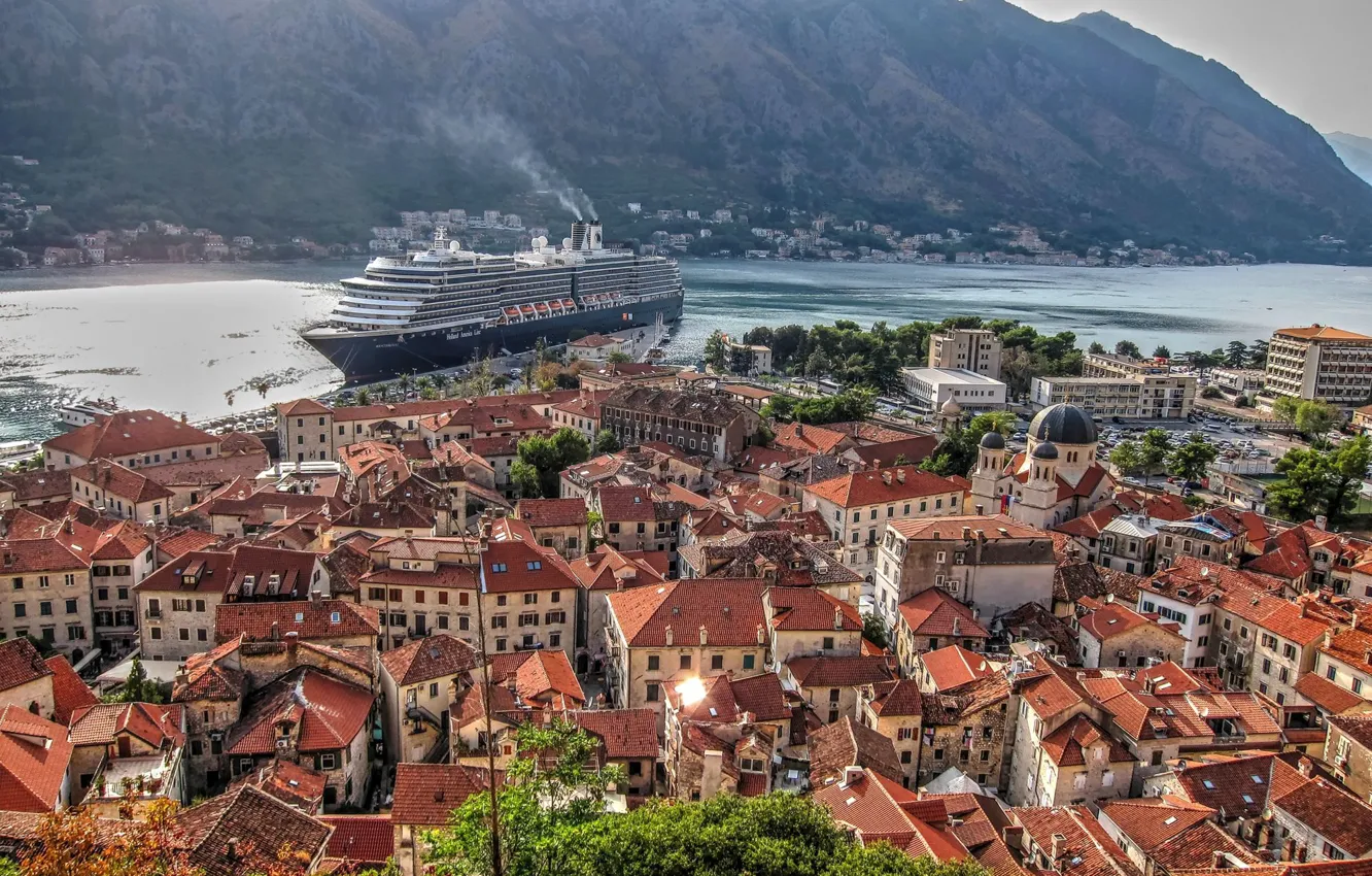 Photo wallpaper sea, mountains, home, panorama, liner, Montenegro, To