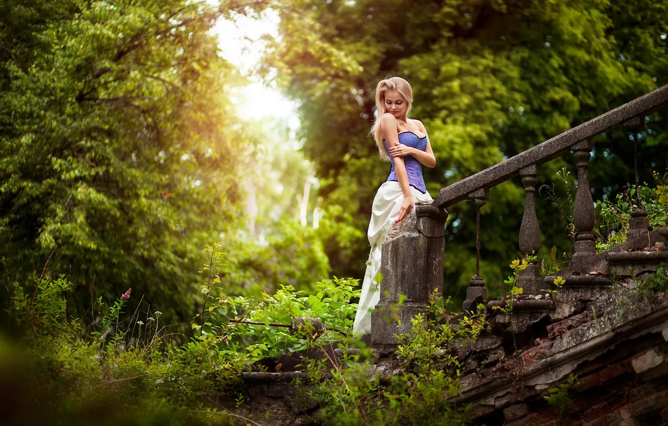 Photo wallpaper greens, forest, girl, trees, tale, dress, ladder, old