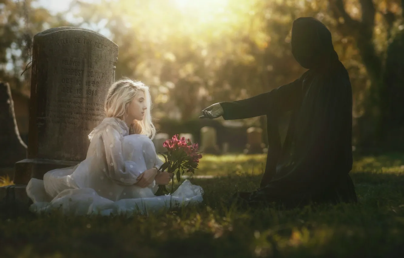 Photo wallpaper girl, death, art, cemetery, Life &amp; Death