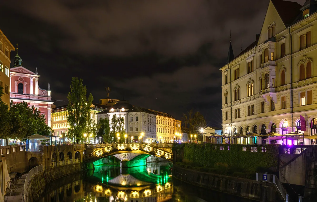 Photo wallpaper night, bridge, lights, home, Slovenia, Ljubljana