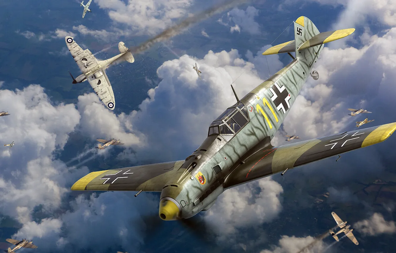 Photo wallpaper Supermarine Spitfire, Battle of Britain, Luftwaffe, Messerschmitt Bf.109, single-engine piston fighter-low, British fighter, Heinkel He …