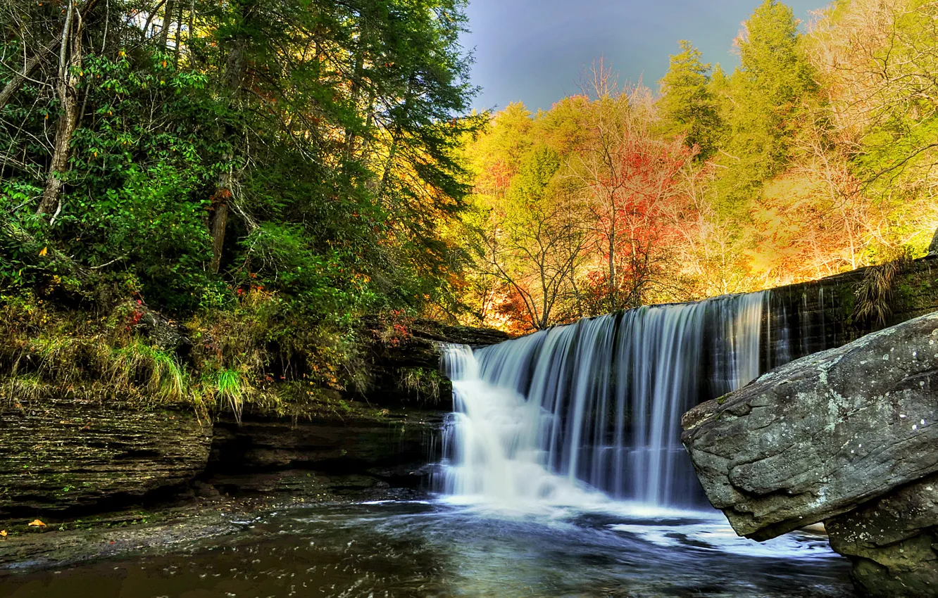 Photo wallpaper autumn, forest, the sky, river, stones, rocks, waterfall