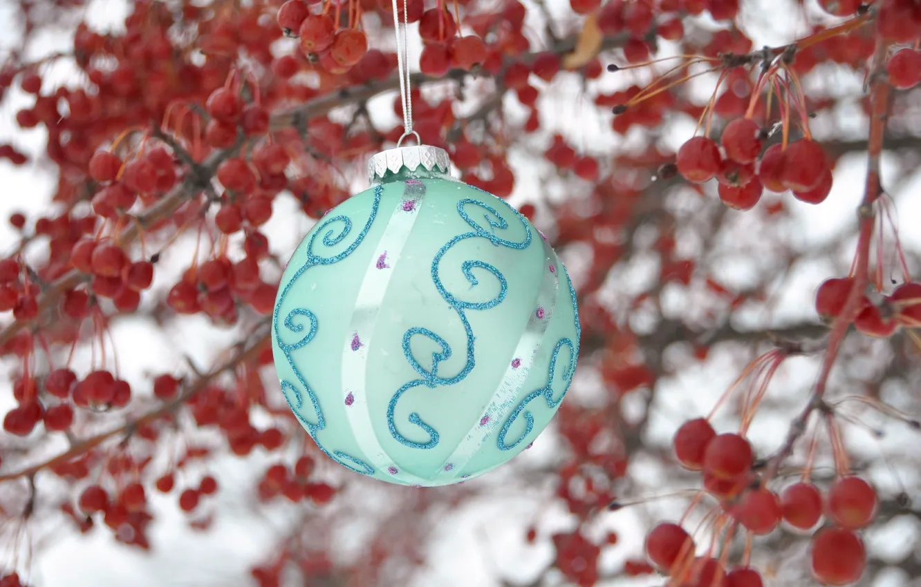 Photo wallpaper snow, branches, holiday, toy, ball, berry, New year, Rowan