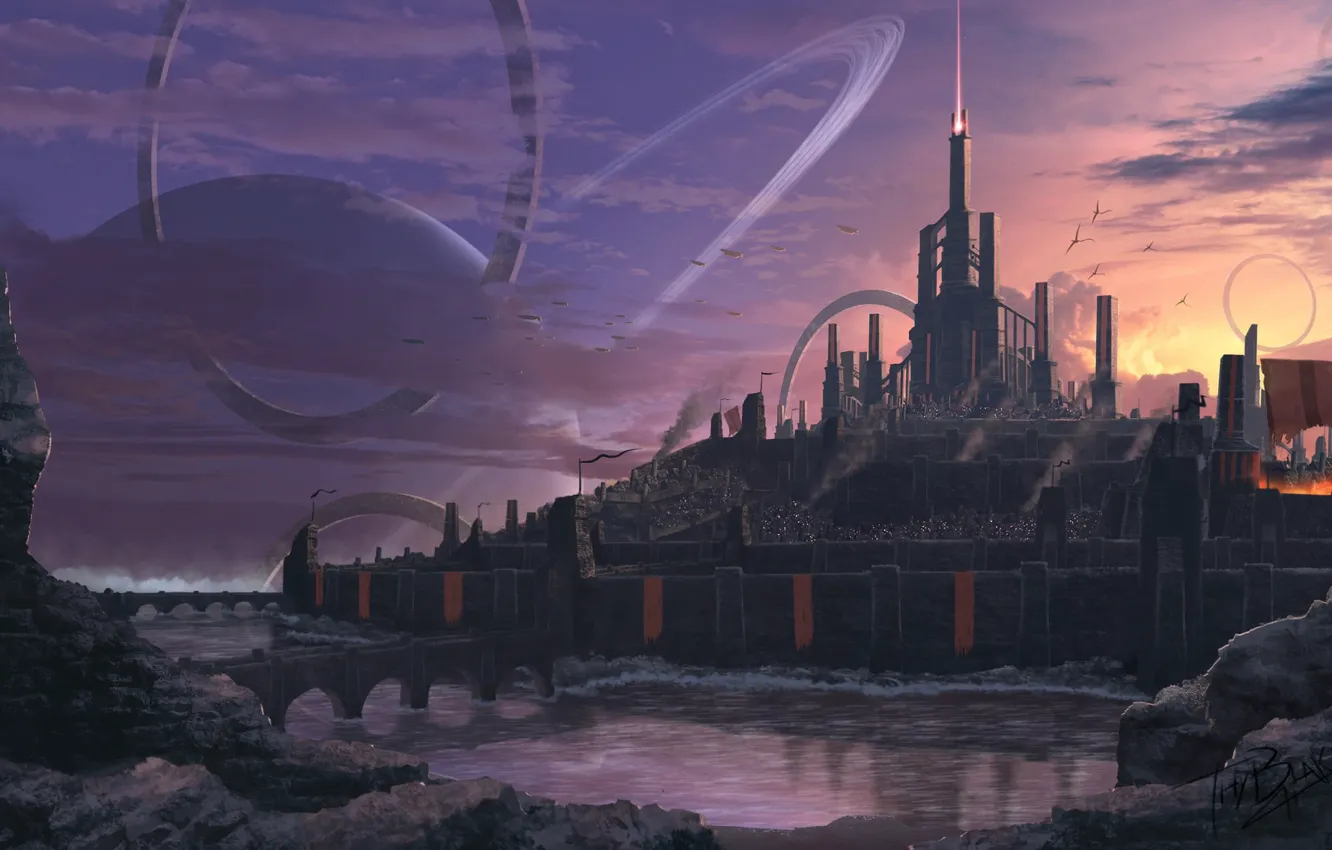 Photo wallpaper landscape, night, planet, ring, another world