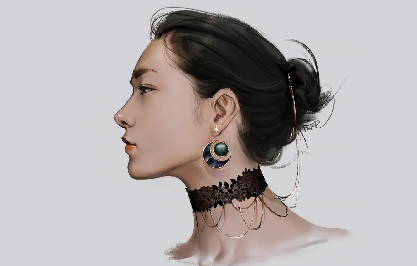 Photo wallpaper earrings, Asian, grey background, in profile, portrait of a girl, chalker, hair in a bunch