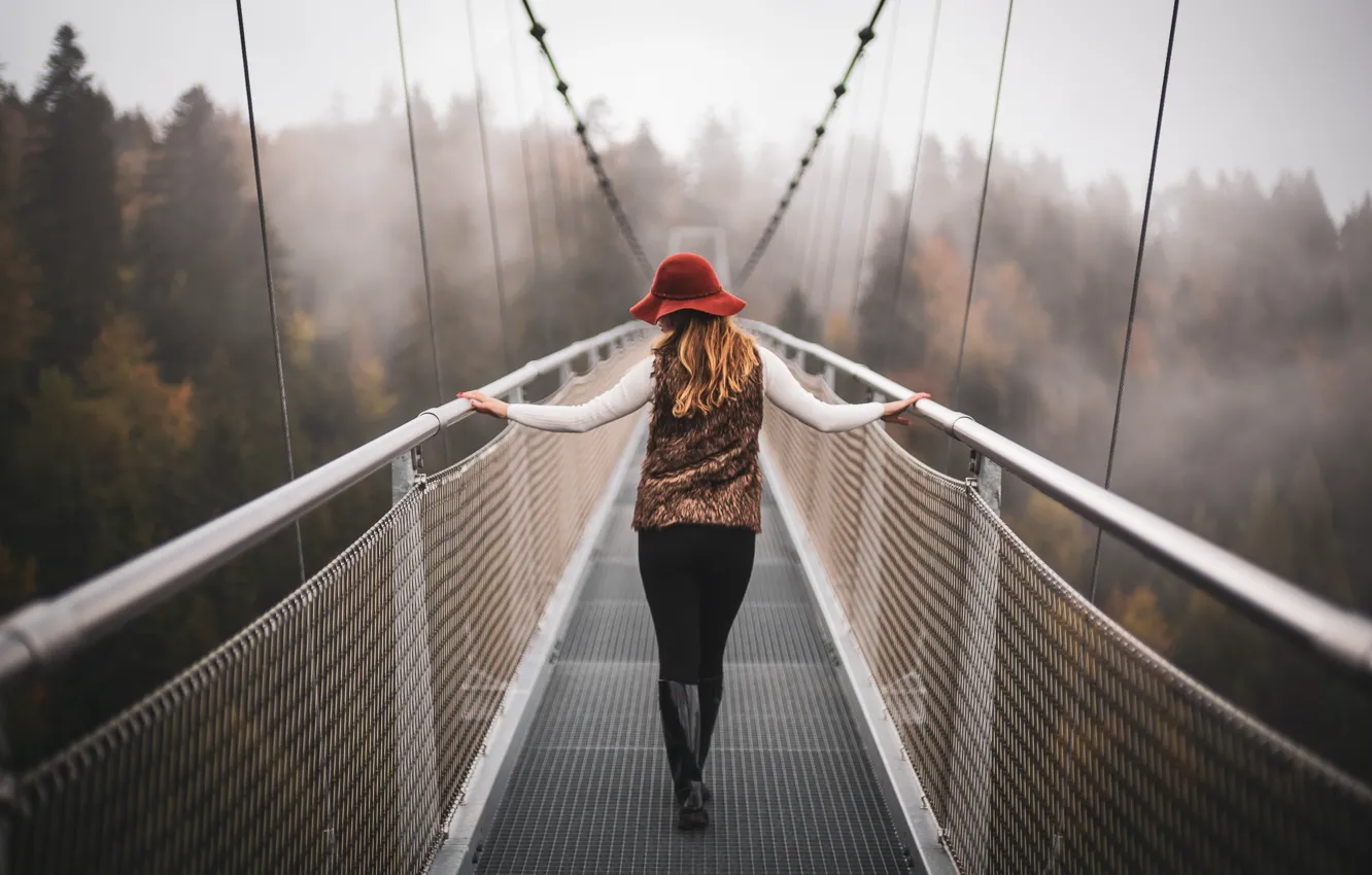 Photo wallpaper girl, trees, bridge, nature, fog, hat, boots, bokeh