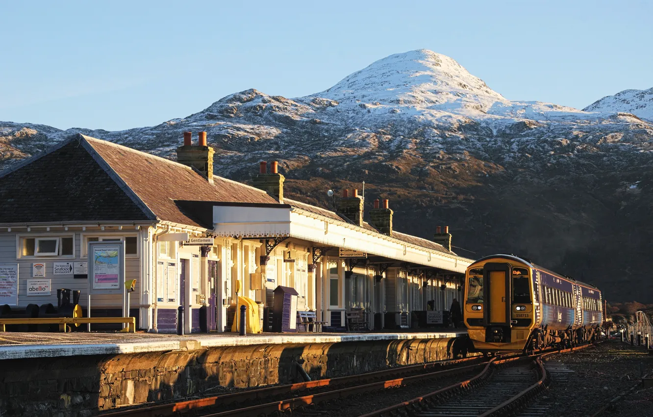Photo wallpaper landscape, nature, winter, mountain, snow, station, train, Scotland