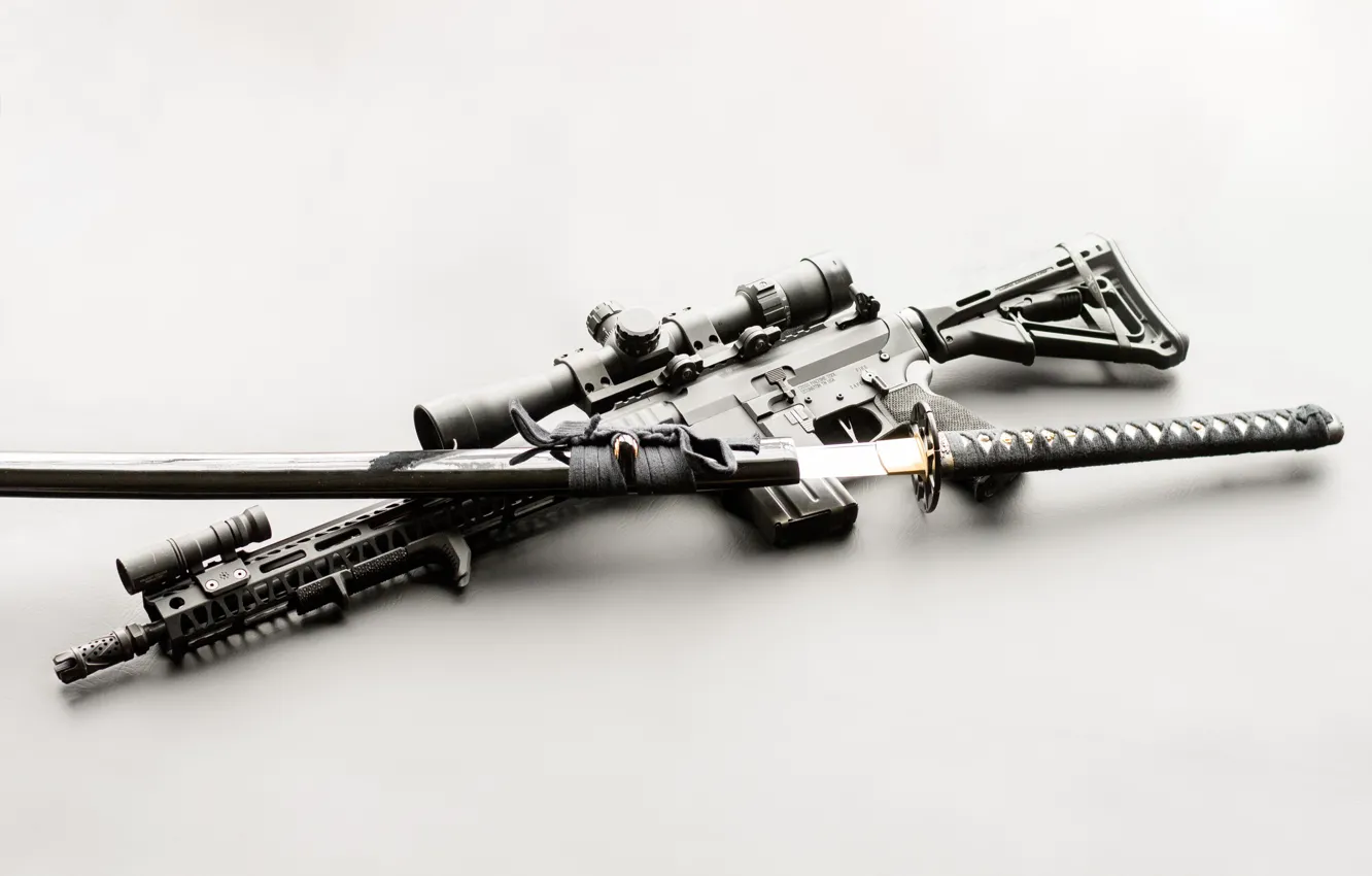Photo wallpaper sword, katana, assault rifle