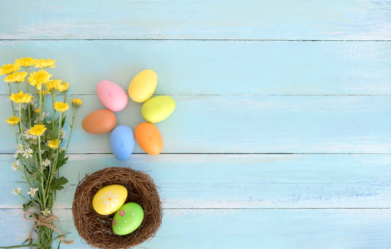 Photo wallpaper flowers, basket, eggs, spring, colorful, Easter, wood, flowers