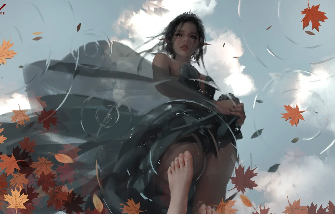 Photo wallpaper girl, fantasy, dress, legs, water, blue eyes, leaves, elf