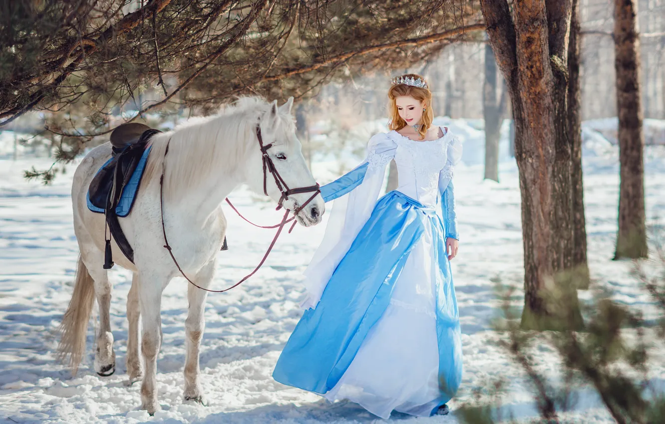Photo wallpaper winter, forest, white, girl, light, snow, branches, nature