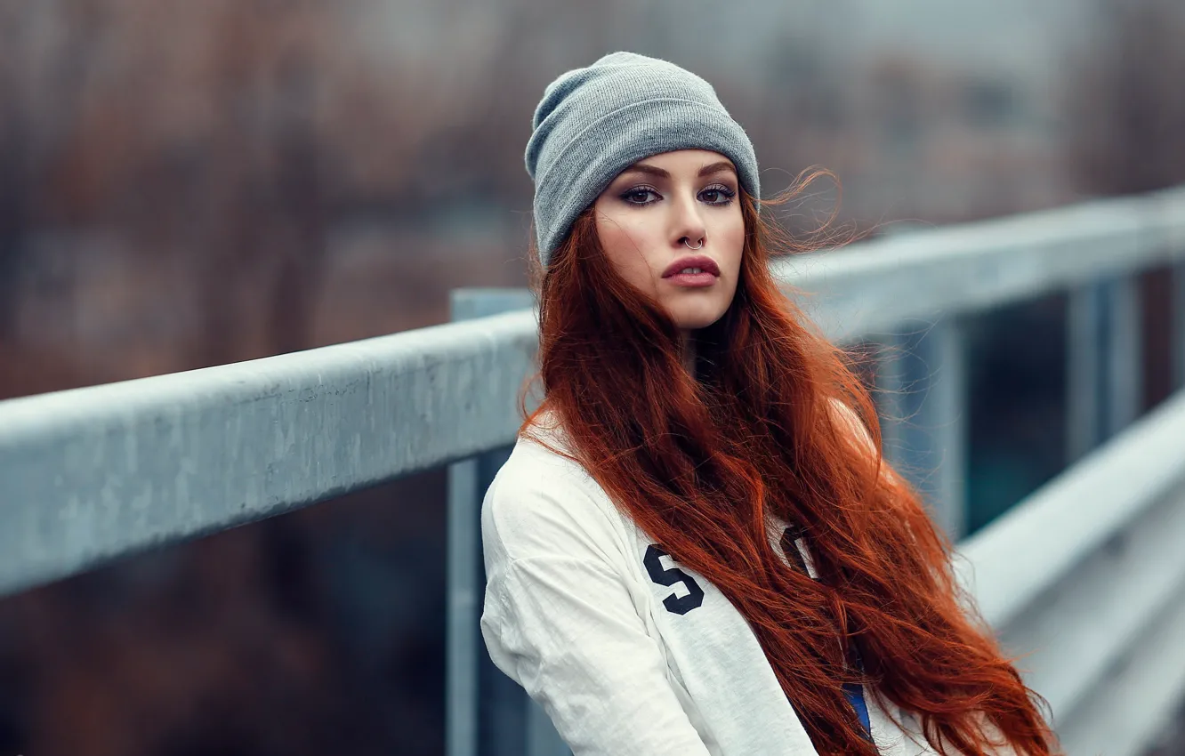 Photo wallpaper look, girl, face, hat, red, redhead, long hair, Alessandro Di Cicco