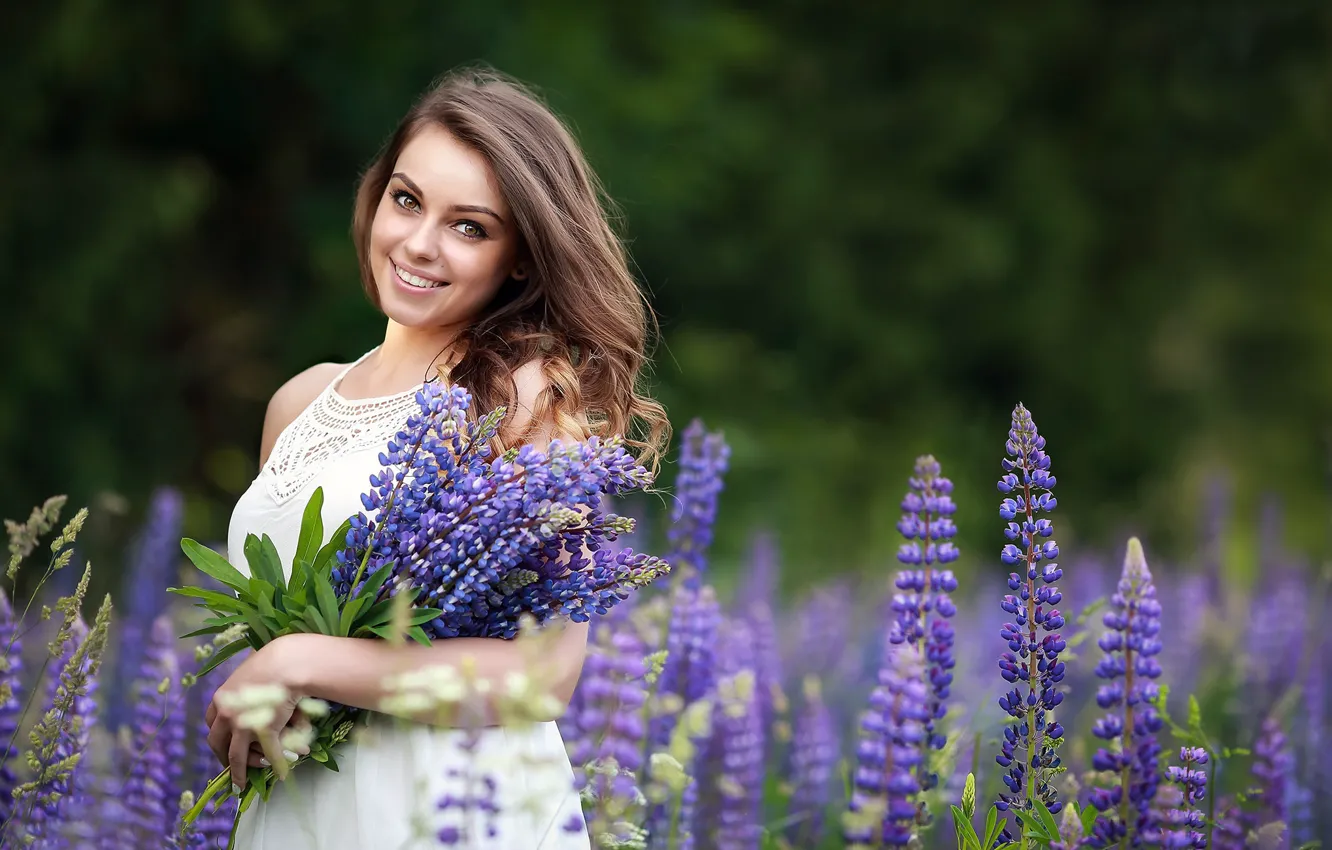 Photo wallpaper summer, look, girl, flowers, nature, smile, beauty, bokeh
