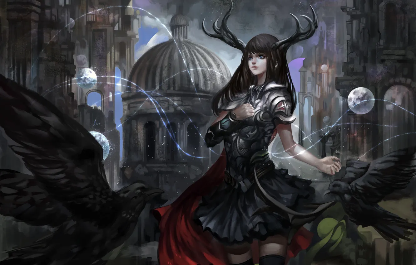 Photo wallpaper girl, the city, bird, art, crows, horns, baka