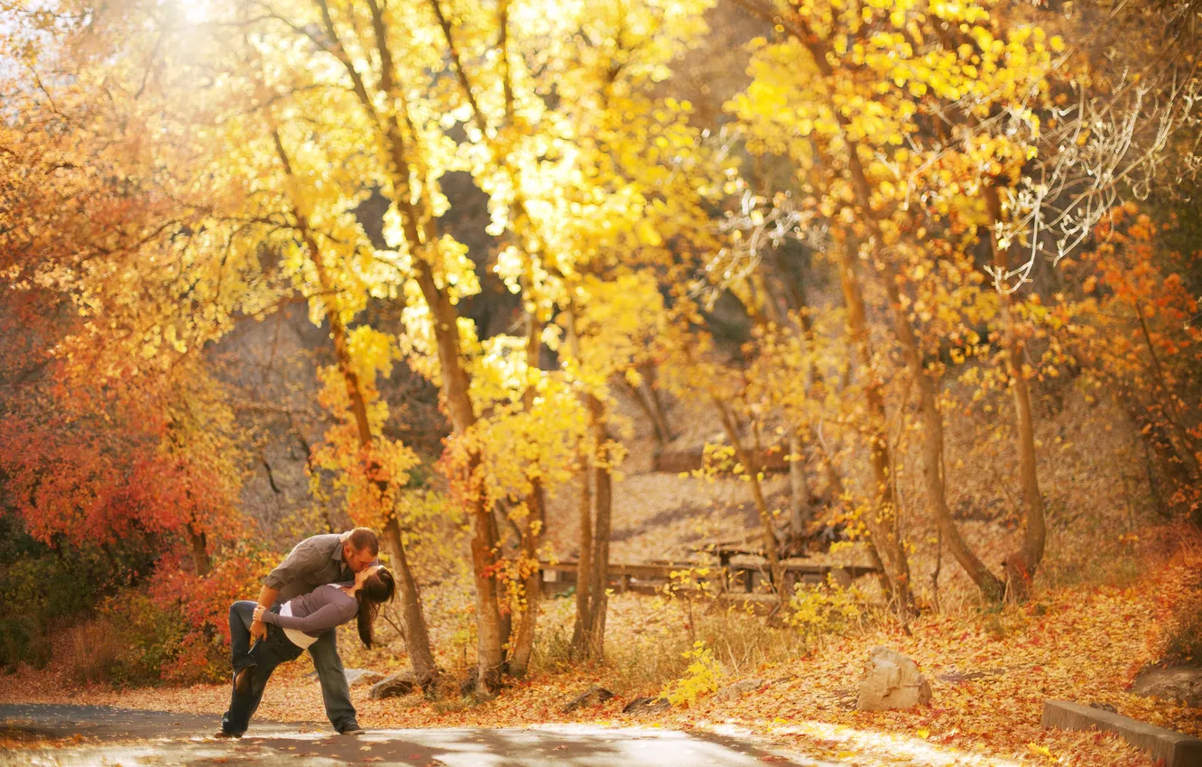 Photo wallpaper autumn, trees, joy, background, pair, walk, bokeh