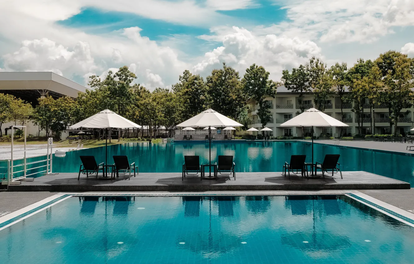 Photo wallpaper the sky, water, clouds, trees, comfort, reflection, umbrella, stay