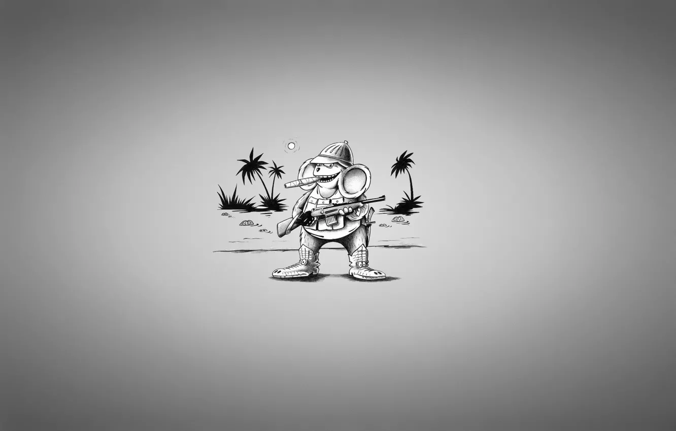 Photo wallpaper water, the sun, palm trees, weapons, clothing, crocodiles, the gun, Cheburashka