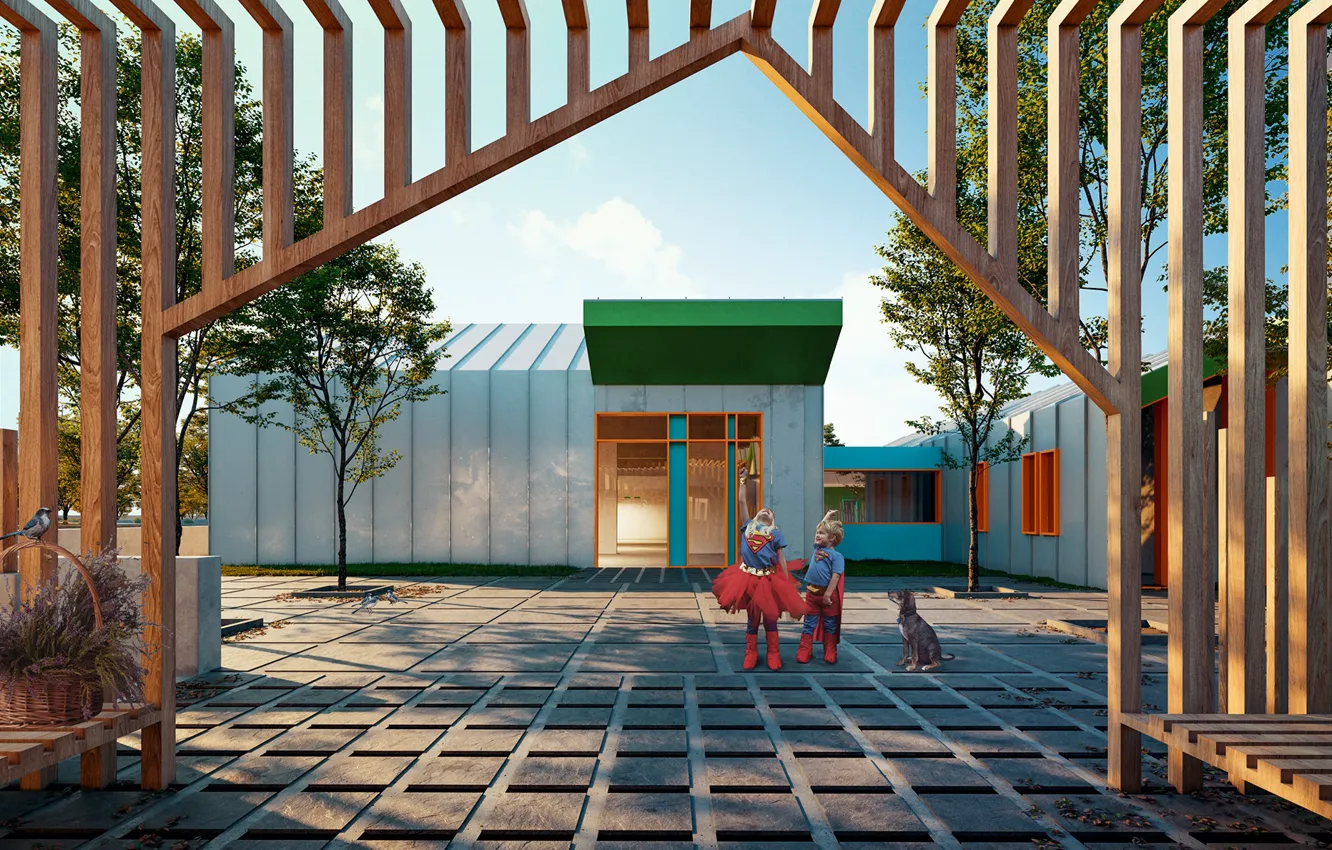 Photo wallpaper children, dog, yard, structure, Kindergarten and cultural center