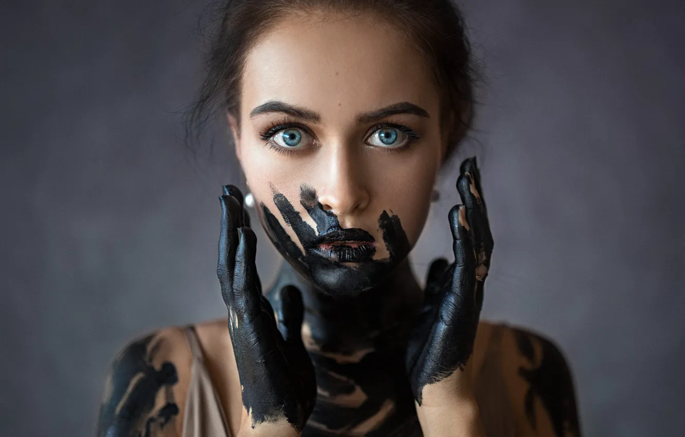 Photo wallpaper black, paint, portrait, look, hands, blue eyes, dirty face, background