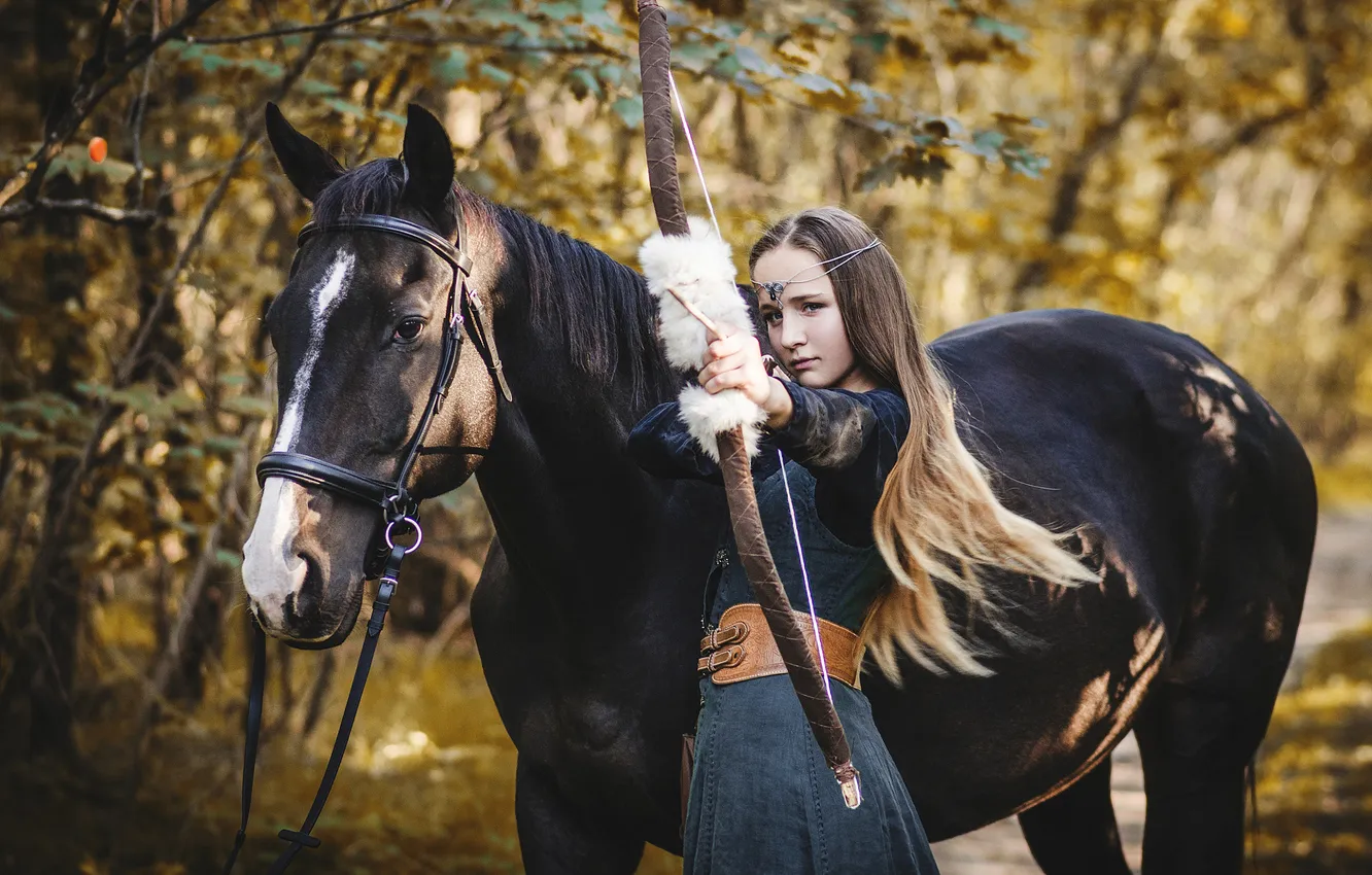 Photo wallpaper autumn, forest, look, girl, light, trees, branches, nature