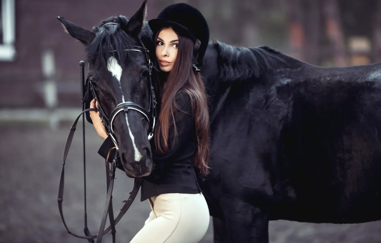 Photo wallpaper girl, horse, black, horse, makeup, figure, hairstyle, brown hair