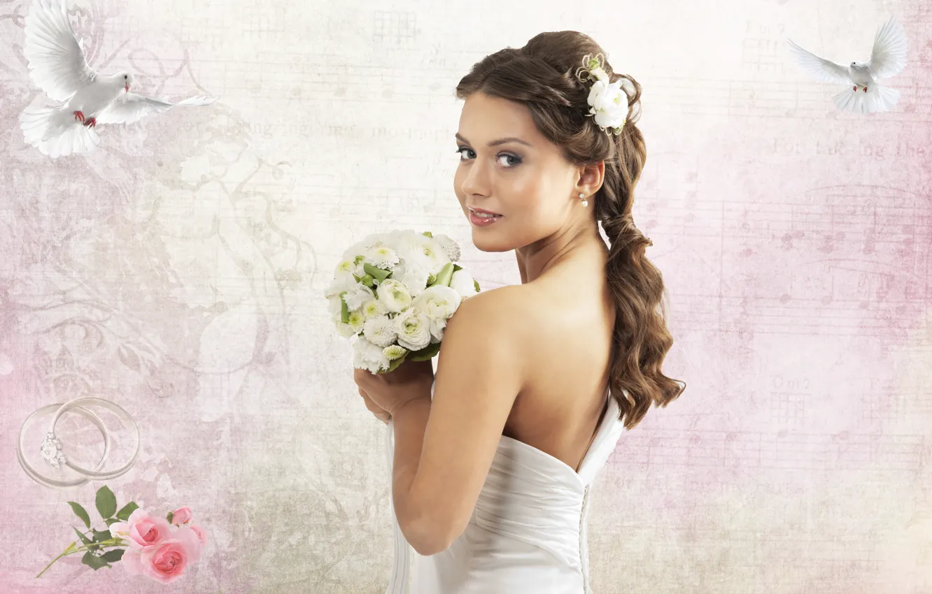 Photo wallpaper roses, Girl, bouquet, ring, pigeons, wedding