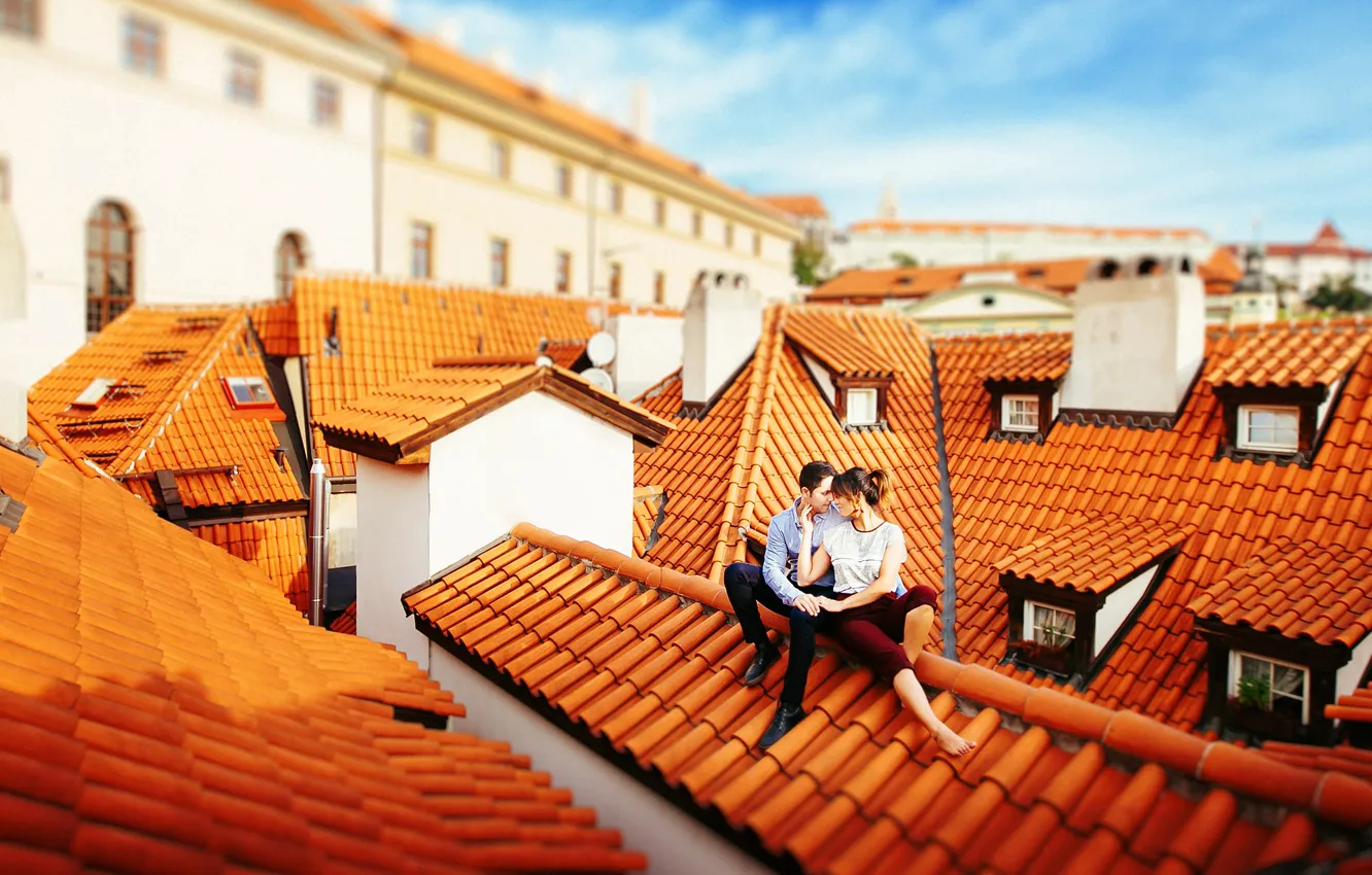 Photo wallpaper Evgeniya Ovsyannikova, home, lovers, roof, the city, pair, male, girl