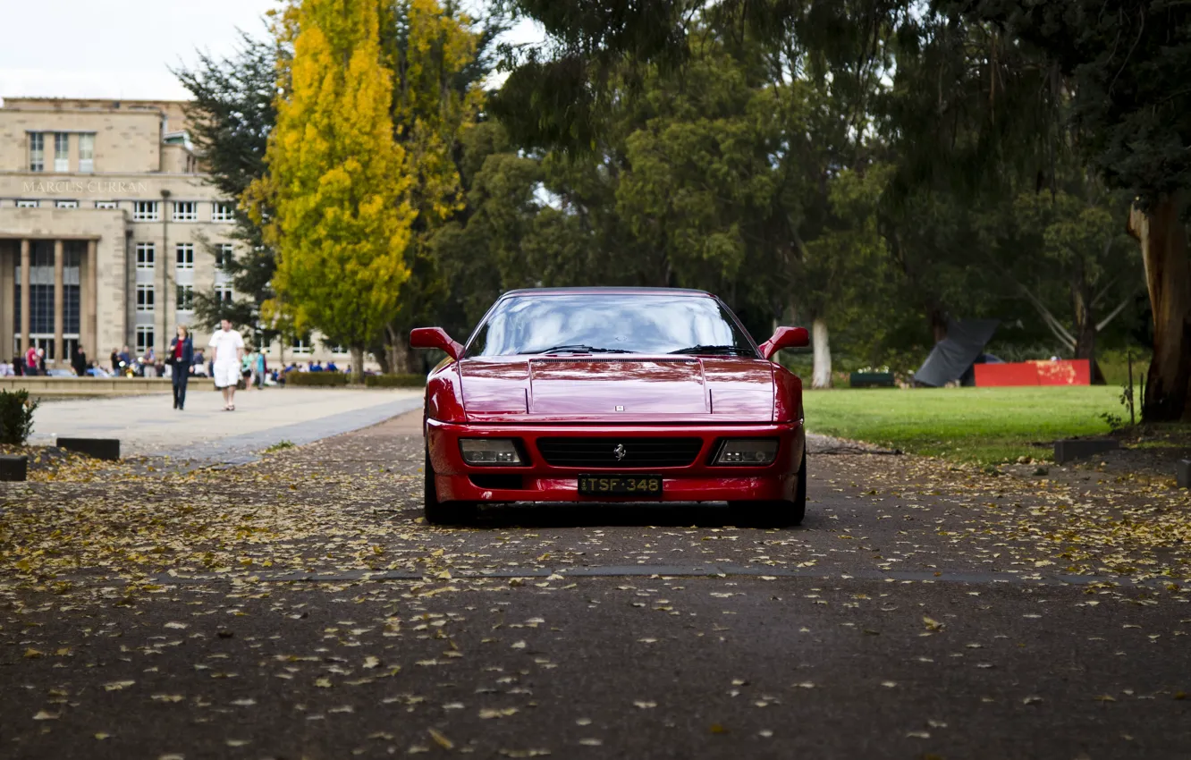 Photo wallpaper autumn, leaves, people, building, day, before, Ferrari, red