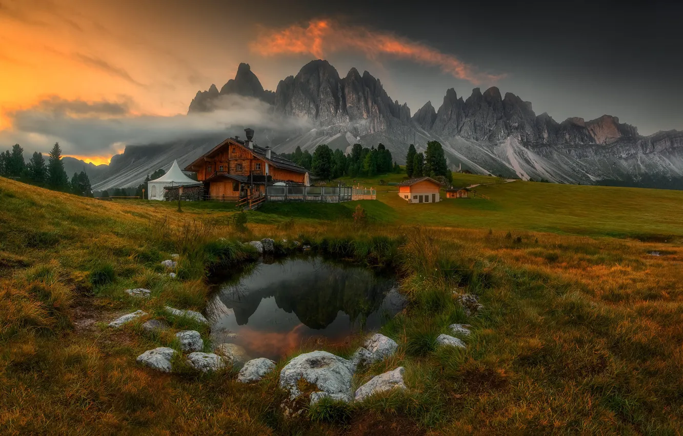 Photo wallpaper field, mountains, lake, house, Alps