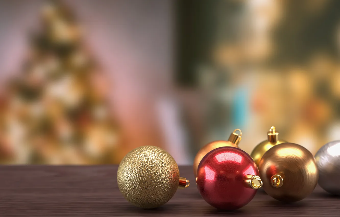 Photo wallpaper balls, red, rendering, table, new year, Christmas, gold, bokeh