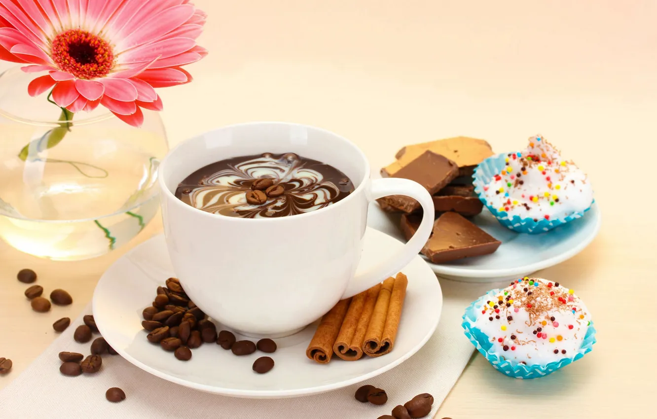 Photo wallpaper flowers, coffee, food, chocolate, Cup, cake, cake, flower