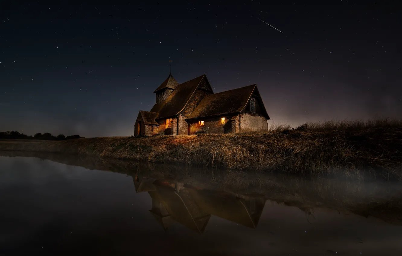 Photo wallpaper stars, night, lights, fog, house, reflection, shore, pond