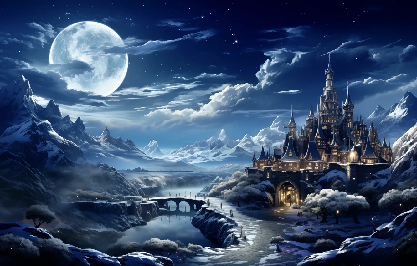 Photo wallpaper stars, clouds, snow, trees, night, bridge, river, castle