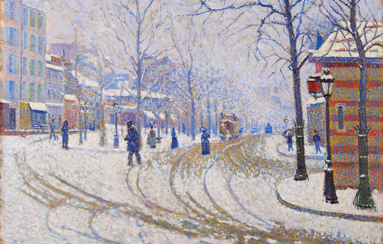 Photo wallpaper Paris, Home, Winter, Road, Snow, People, Picture, Paul Signac