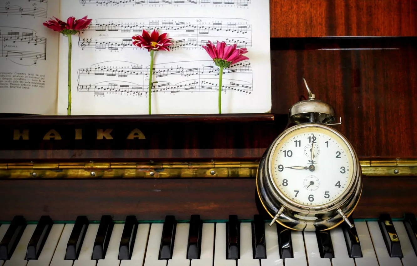 Photo wallpaper notes, watch, piano, gerbera