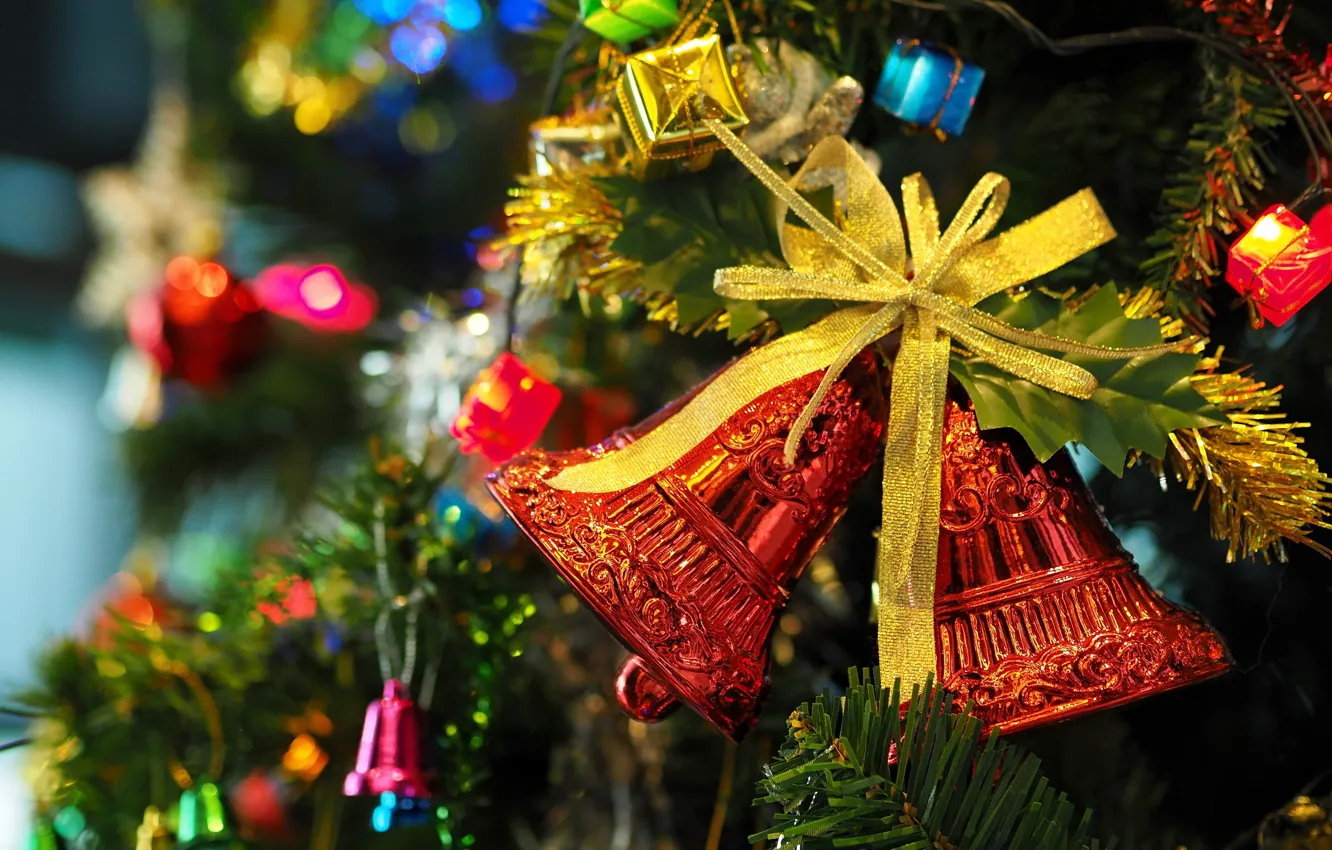 Photo wallpaper decoration, holiday, tree, garland, bow, bells