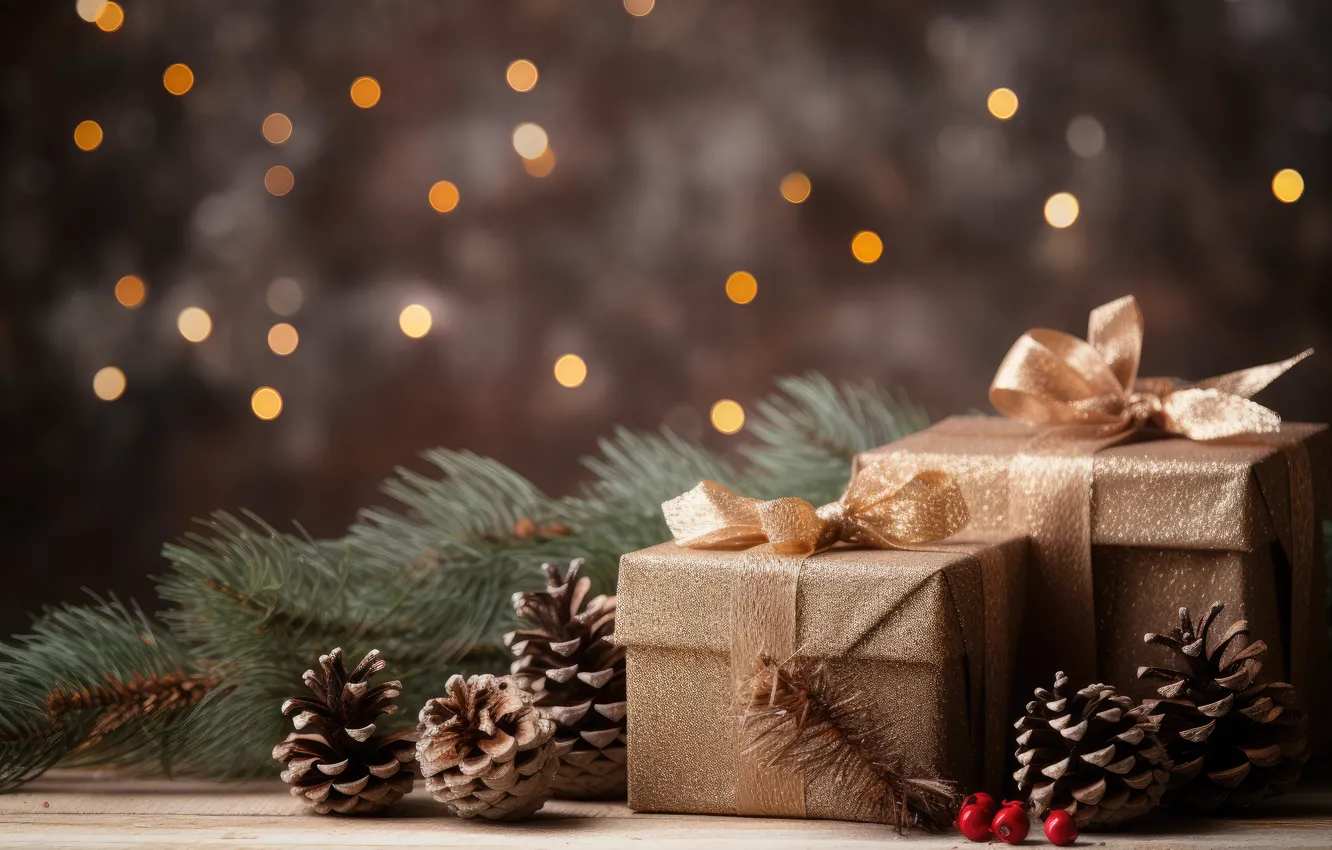 Photo wallpaper branches, box, gift, Board, Shine, new year, lights, Christmas