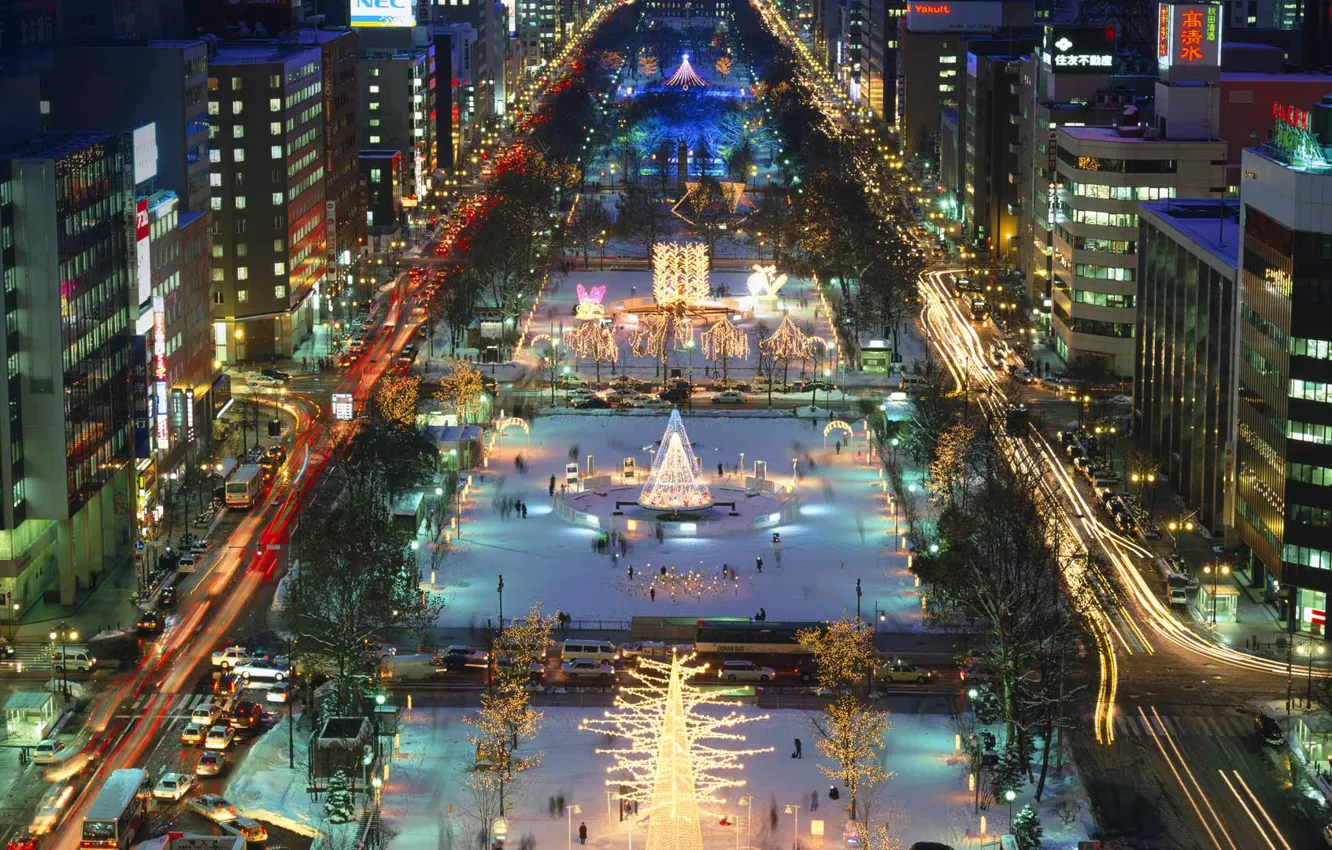 Photo wallpaper night, lights, holiday, Japan, New Year, Sapporo, Odori Park, the island of Hokkaido