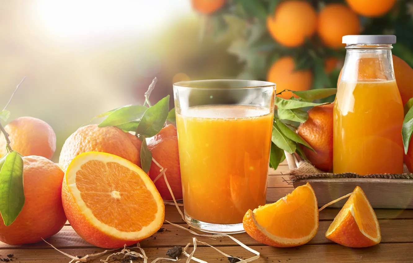 Photo wallpaper glass, oranges, juice, slices, orange