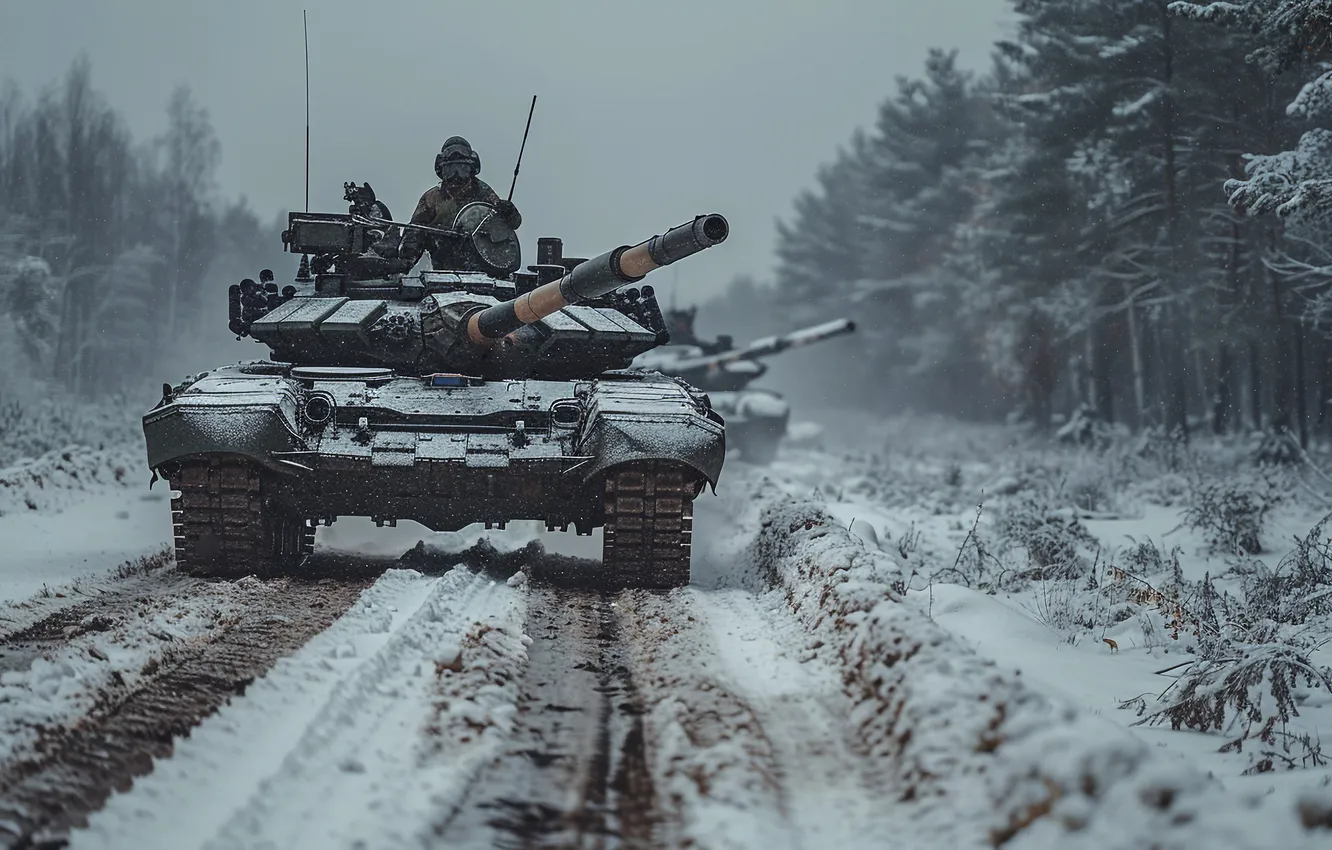 Photo wallpaper winter, road, snow, trees, tank, tankers, digital art, AI art