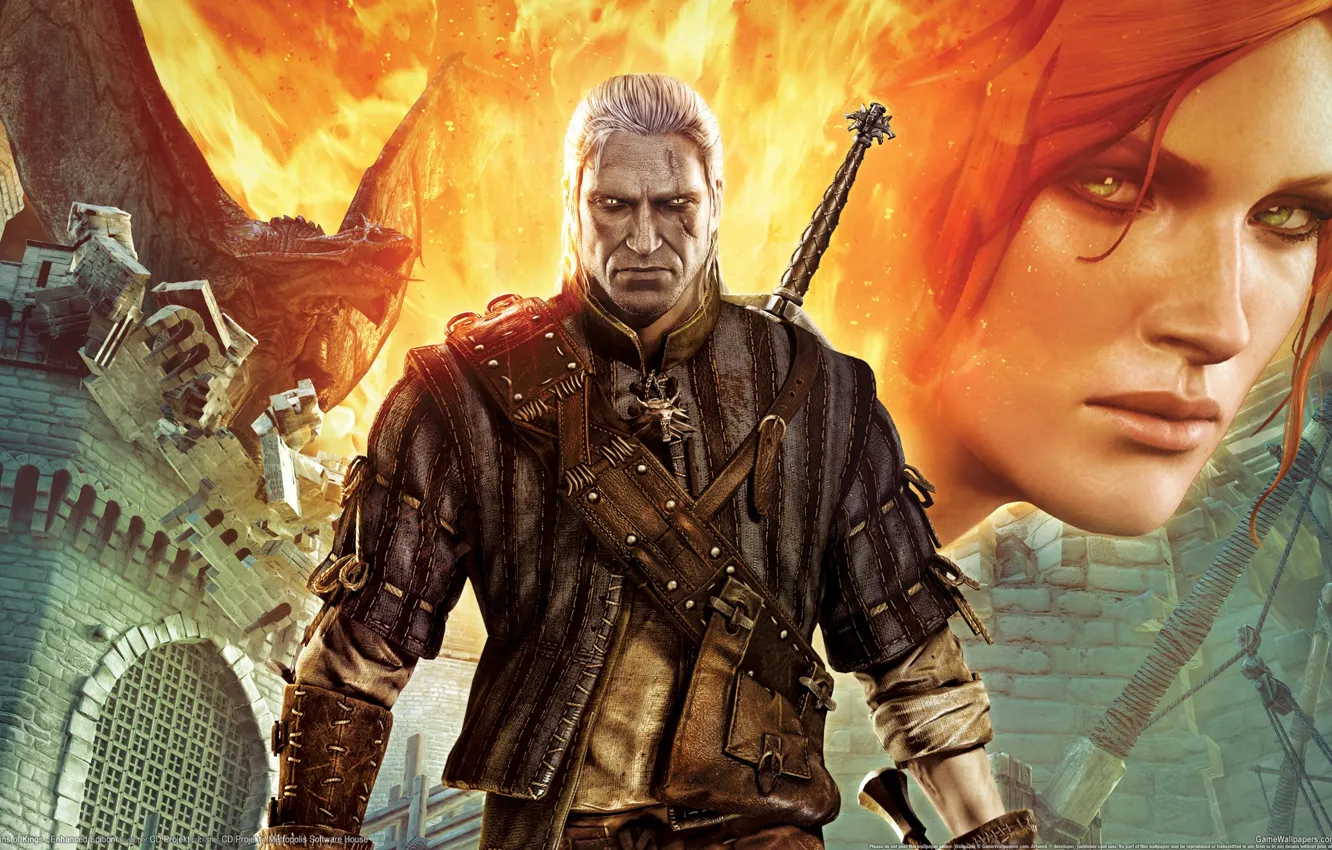 Photo wallpaper look, lights, castle, dragon, sword, medallion, scar, The Witcher