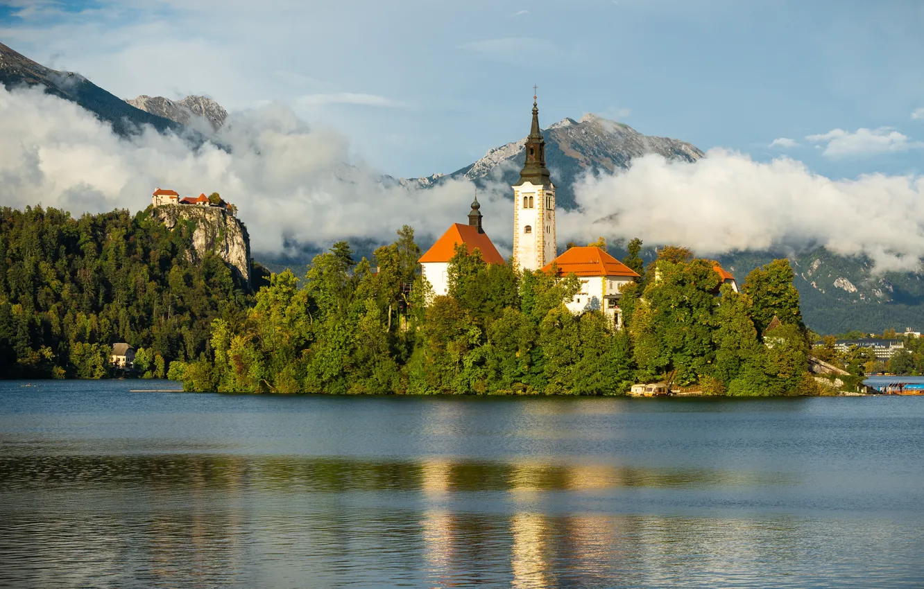 Photo wallpaper forest, clouds, light, mountains, lake, rocks, shore, slope