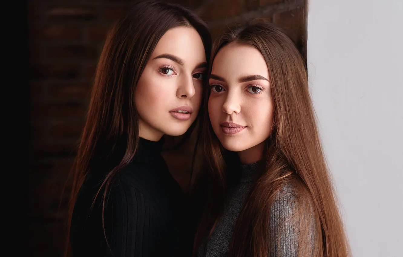 Photo wallpaper background, model, two, portrait, makeup, hairstyle, brown hair, Maria