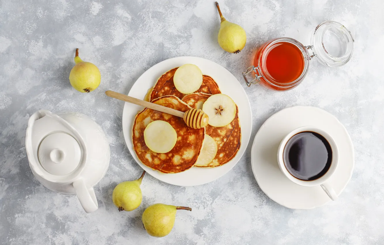 Photo wallpaper coffee, Breakfast, kettle, honey, Cup, pear, pancakes
